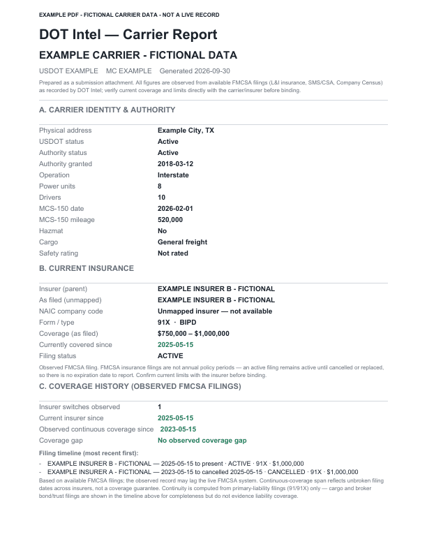 First report page from the fictional DOT Intel carrier-report PDF example.