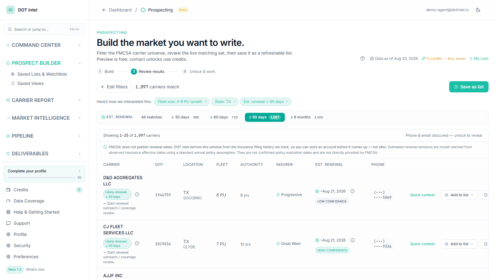 Actual DOT Intel Prospect Builder results showing trucking-account filters, carrier matches, fleet size, insurer, and estimated renewal timing.